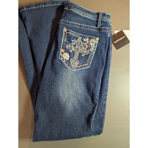 New Harper & Ivy Y2K Juniors 1 Rhinestone Pocket Dark Blue Flare Denim Size 13 - Picture 4 of 12